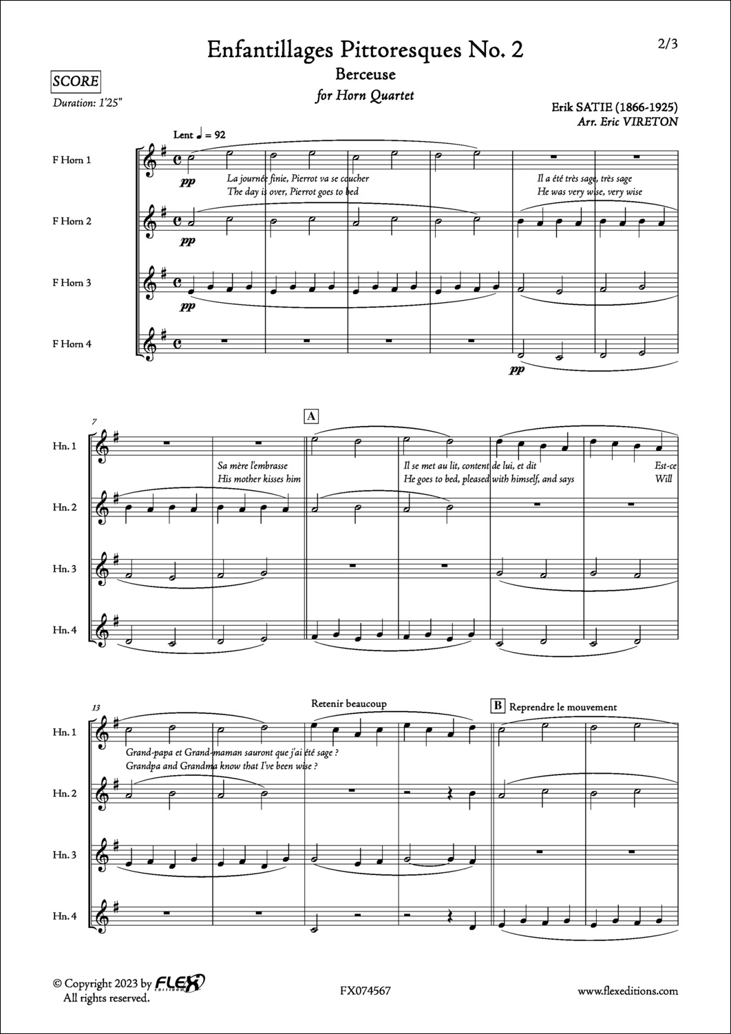 Enfantillages Pittoresques No. 2 - Berceuse - E. SATIE - <font color=#666666>Horn Quartet</font>