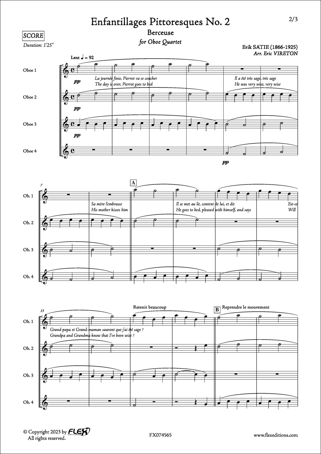 Enfantillages Pittoresques No. 2 - Berceuse - E. SATIE - <font color=#666666>Oboe Quartet</font>