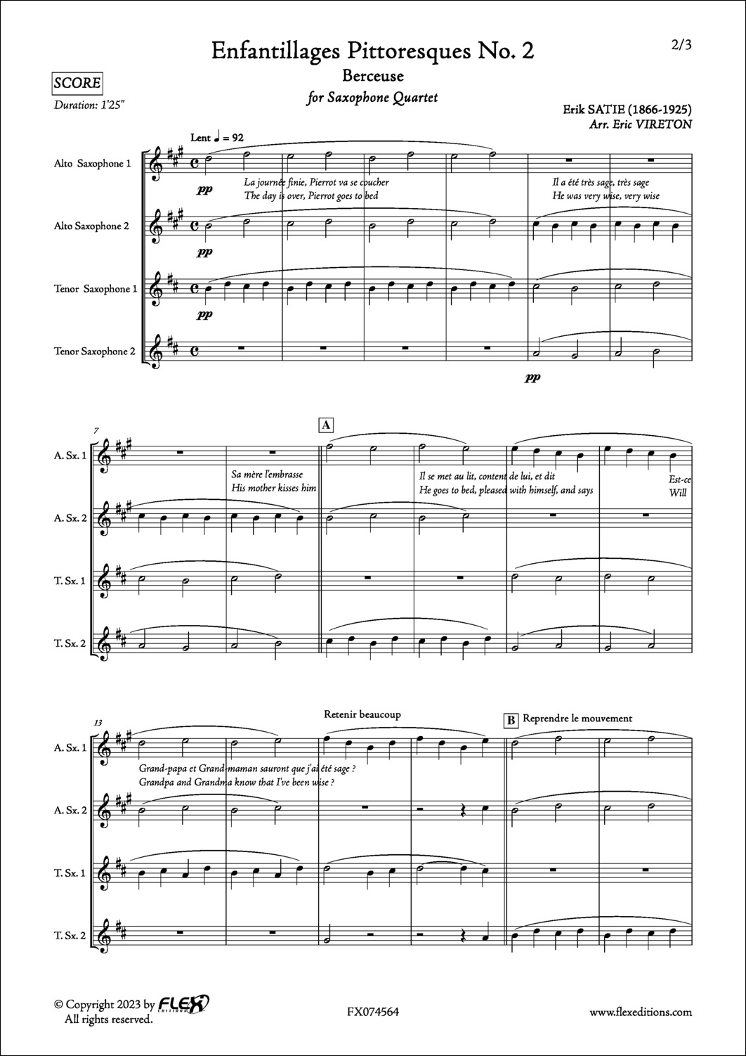 Enfantillages Pittoresques No. 2 - Berceuse - E. SATIE - <font color=#666666>SAxophone Quartet</font>