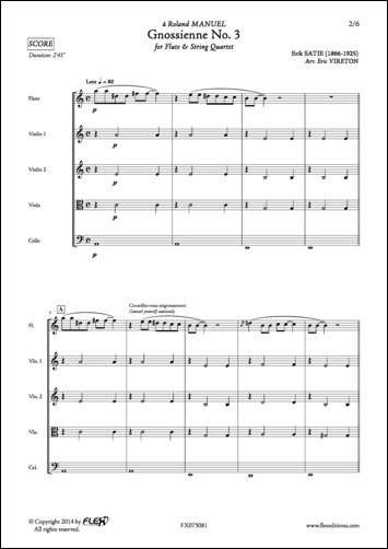 Gnossienne No. 3 - E. SATIE - <font color=#666666>Flute and String Quartet</font>