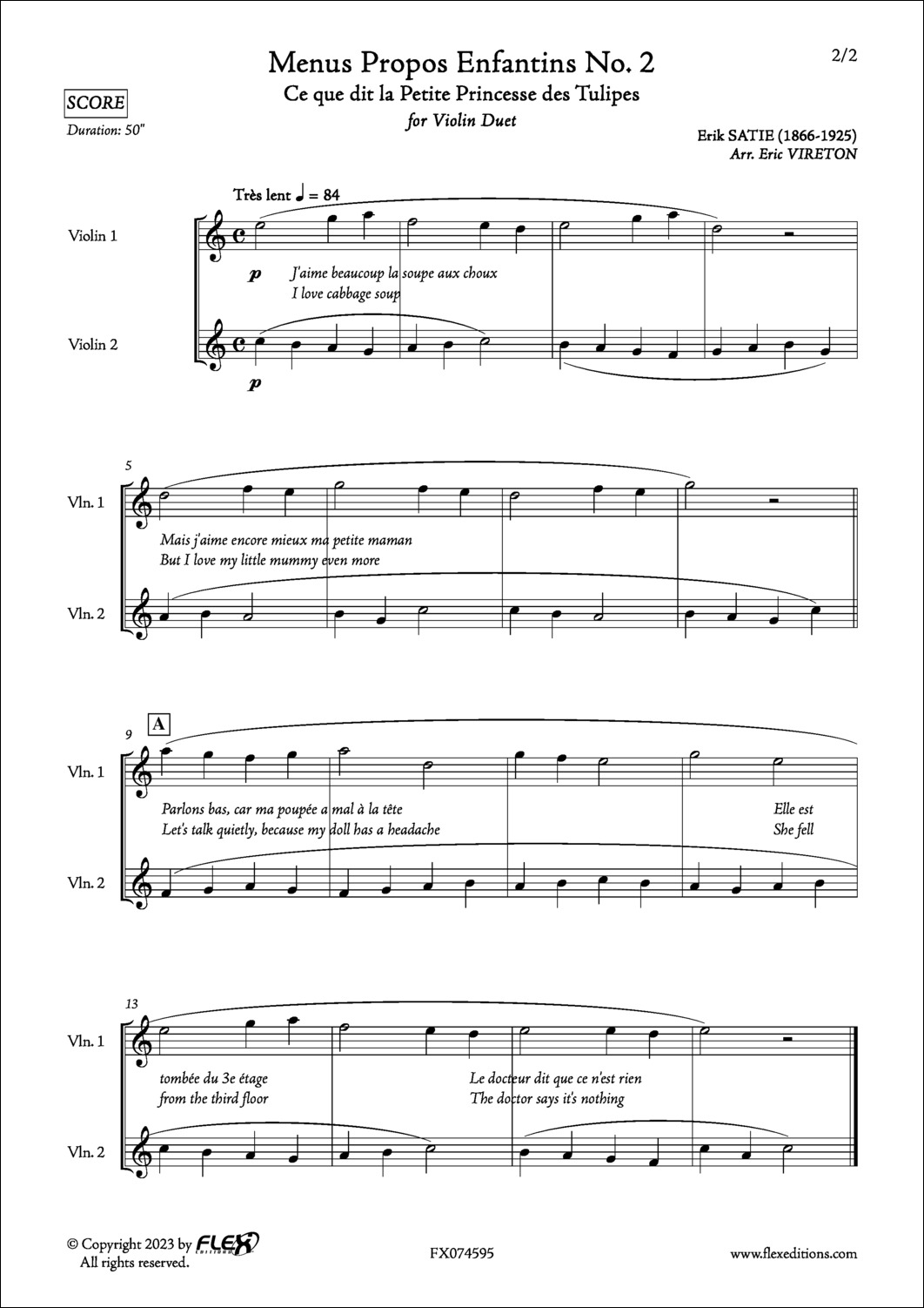 Menus Propos Enfantins No. 2 - E. SATIE - <font color=#666666>Violin Duet</font>