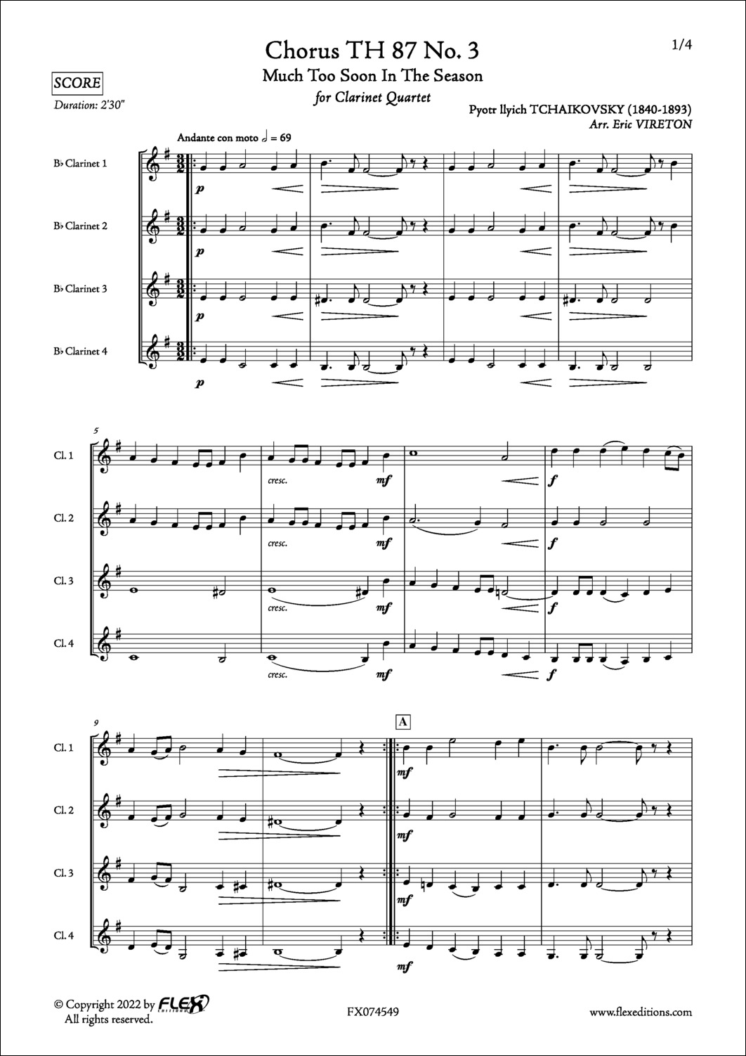 Choeur TH 87 No. 3 - P. I. TCHAIKOVSKY - <font color=#666666>Quatuor de Clarinettes</font>