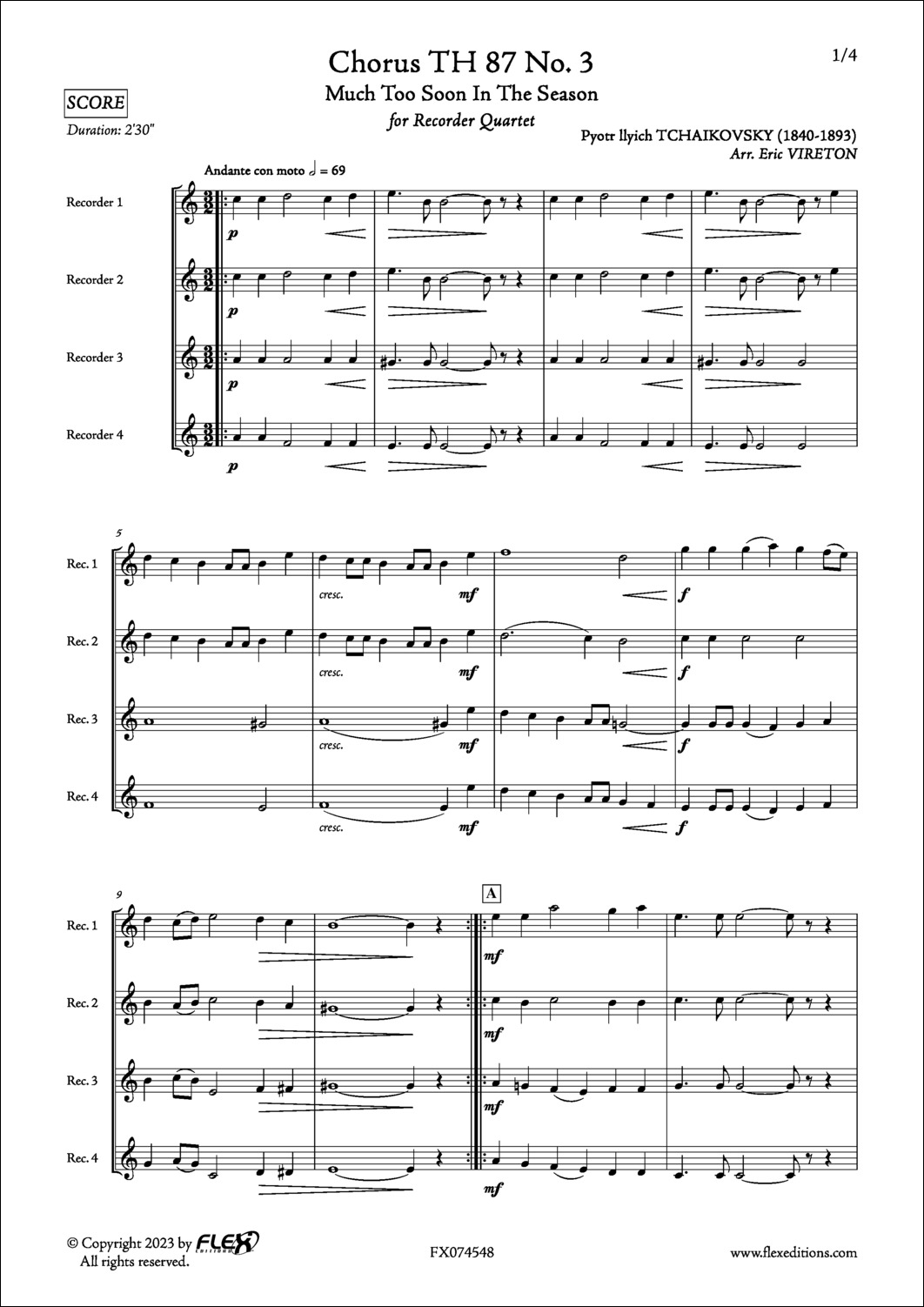 Choeur TH 87 No. 3 - P. I. TCHAIKOVSKY - <font color=#666666>Quatuor de Flûtes à Bec</font>