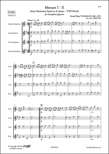 Menuet I - II from Ouverture Suite in A minor - TWV55:a5 - G. P. TELEMANN - <font color=#666666>Saxophone Quartet</font>
