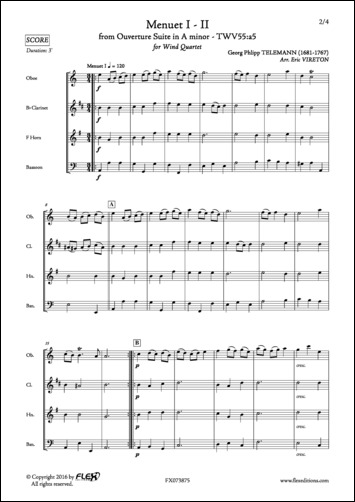Menuet I - II from Ouverture Suite in A minor - TWV55:a5 - G. P. TELEMANN - <font color=#666666>Wind Quartet</font>
