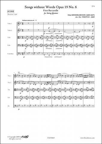 Romances sans Paroles Opus 19 No. 6 - F. MENDELSSOHN -  <font color=#666666>Quintette à Cordes</font>